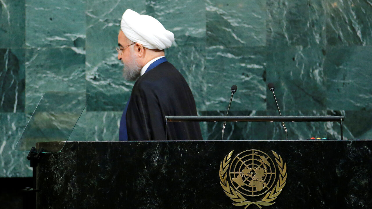 UN-ASSEMBLY/IRAN Iranian President Hassan Rouhani exits the podium after addressing the 72nd United Nations General Assembly at U.N. headquarters in New York, U.S., September 20, 2017. REUTERS/Eduardo Munoz - RC1ED8E50640