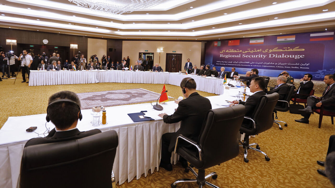 AFP_19G5LZ A general view shows the first meeting of national security secretaries of Afghanistan, China, Iran, India and Russia, in the Iranian capital Tehran on September 26, 2018. (Photo by ATTA KENARE / AFP) (Photo credit should read ATTA KENARE/AFP/Getty Images)