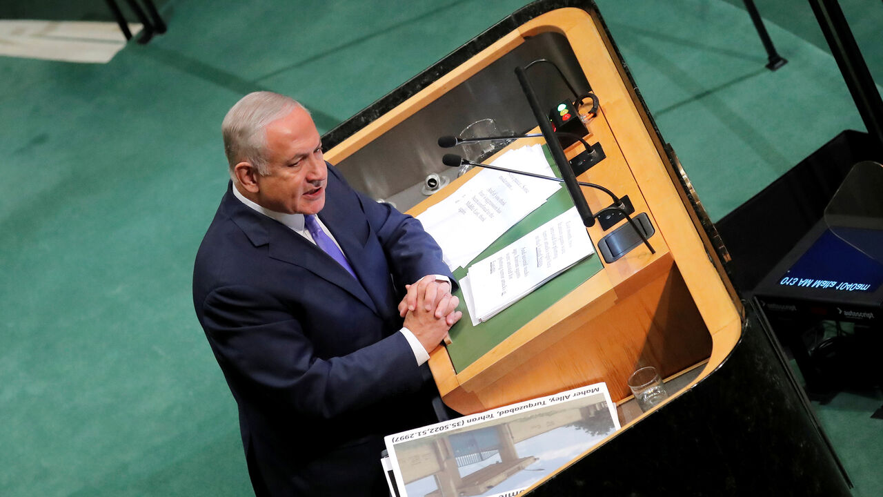 UN-ASSEMBLY/ Israeli Prime Minister Benjamin Netanyahu addresses the 73rd session of the United Nations General Assembly at U.N. headquarters in New York, U.S., September 27, 2018. REUTERS/Caitlin Ochs - RC14C044A080
