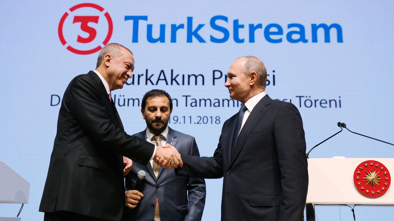TURKEY-RUSSIA/GAS-PIPELINE Russian President Vladimir Putin (R) shakes hands with his Turkish counterpart Tayyip Erdogan during a ceremony to mark the completion of the sea part of the TurkStream gas pipeline, in Istanbul, Turkey November 19, 2018. Sputnik/Mikhail Klimentyev/Kremlin via REUTERS ATTENTION EDITORS - THIS IMAGE WAS PROVIDED BY A THIRD PARTY. - RC195773B7D0