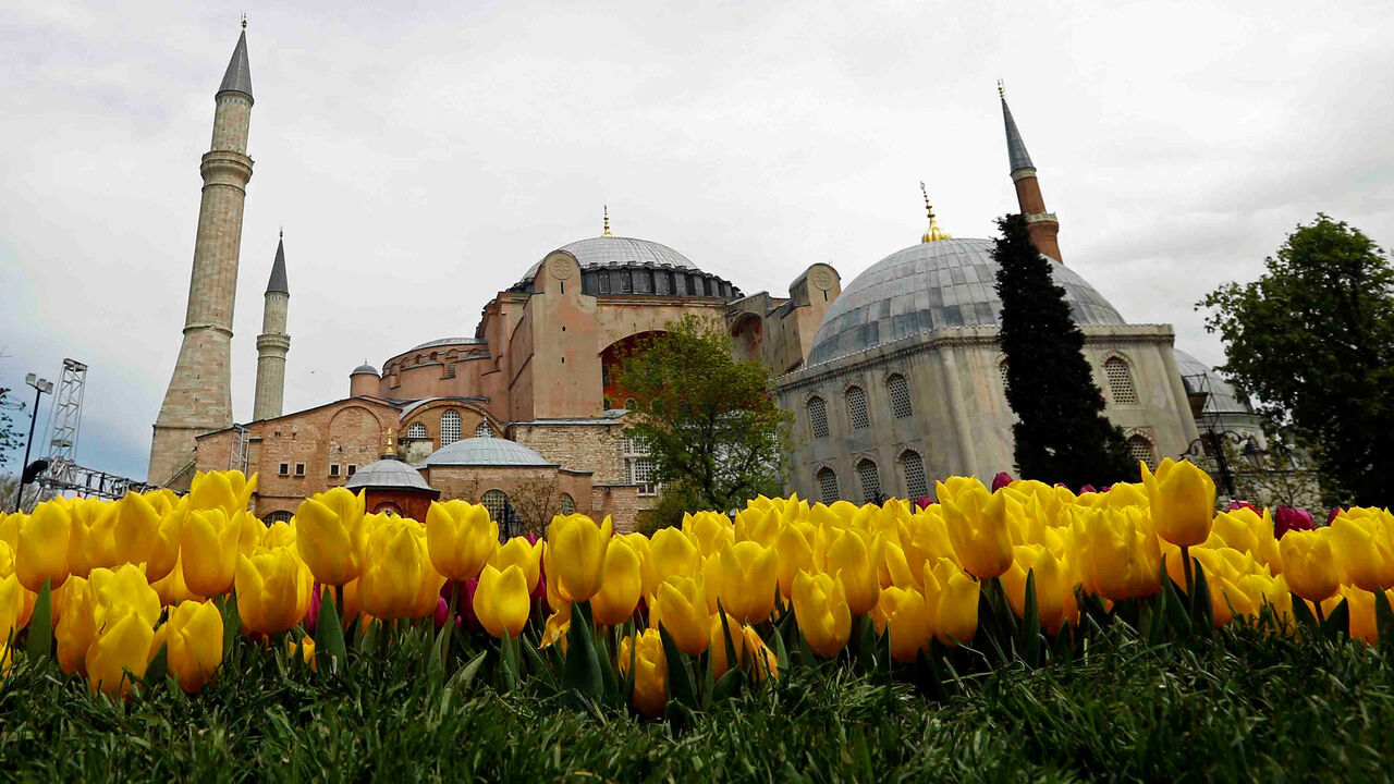 TURKEY-CULTURE/ Tulips, with the Byzantine-era monument of Hagia Sophia in the background, are pictured at Sultanahmet square during the 12th Tulip Festival in Istanbul, Turkey, April 22, 2017. REUTERS/Murad Sezer - RC1886DA2540