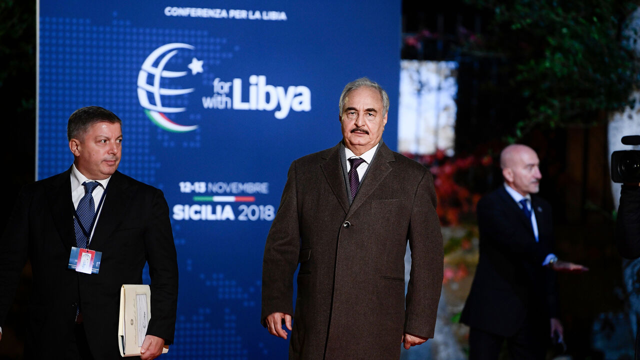 AFP_1AS6W8 Self-proclaimed Libyan National Army (LNA) Chief of Staff, Khalifa Haftar arrives for a conference on Libya on November 12, 2018 at Villa Igiea in Palermo. - Libya's key political players meet with global leaders in Palermo on November 12 in the latest bid by major powers to kickstart a long-stalled political process and trigger elections. (Photo by Filippo MONTEFORTE / AFP) (Photo credit should read FILIPPO MONTEFORTE/AFP/Getty Images)