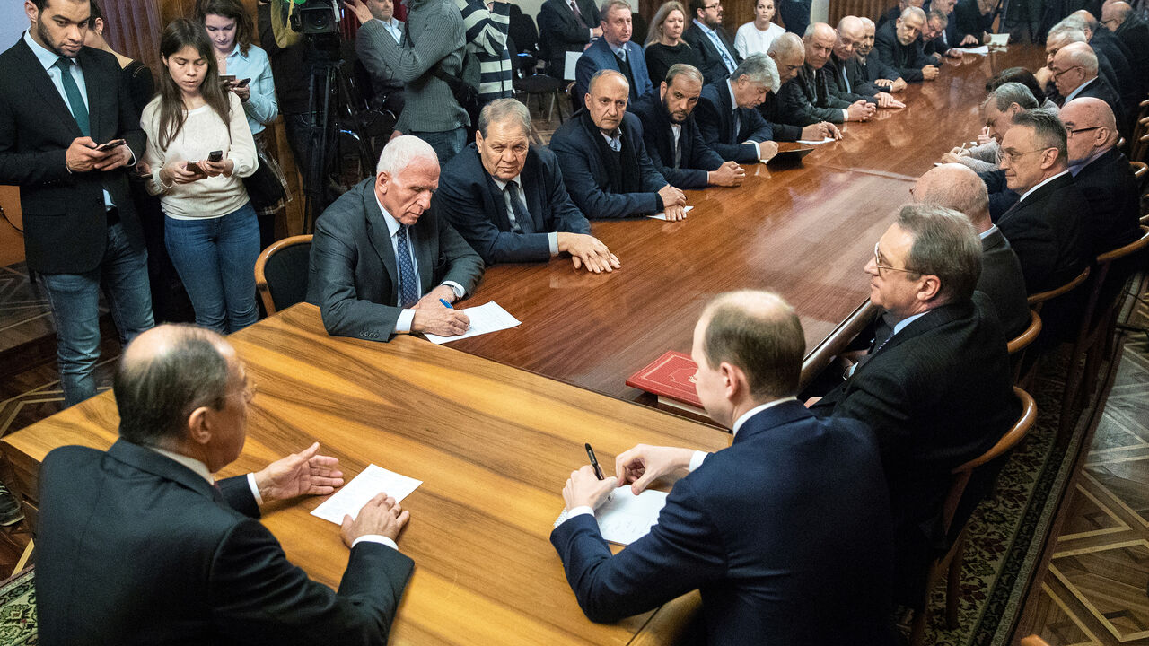 MIDEAST-CRISIS/RUSSIA Russian Foreign Minister Sergei Lavrov talks during a meeting with representatives of Palestinian groups and movements as a part of an intra-Palestinian talks in Moscow, Russia February 12, 2019. Pavel Golovkin/Pool via REUTERS - RC1508E52650
