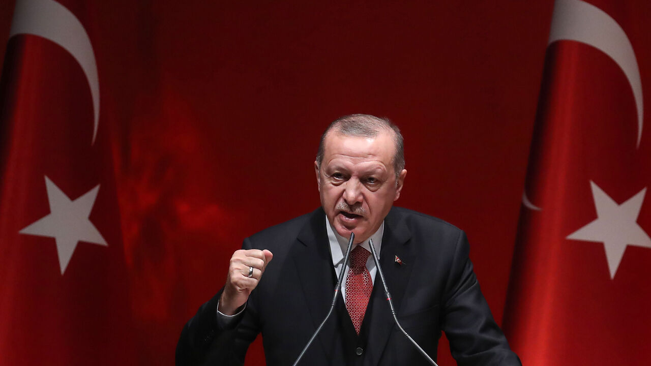 AFP_1CT0XS Turkish President Recep Tayyip Erdogan addresses a meeting of provincial election officials at the headquarters of his ruling Justice and Development (AK) Party in Ankara on January 29, 2019. (Photo by Adem ALTAN / AFP) (Photo credit should read ADEM ALTAN/AFP/Getty Images)