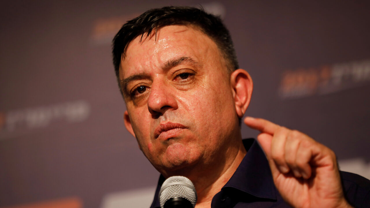 ISRAEL-POLITICS/LABOUR Avi Gabbai, the new leader of Israel's centre-left Labour party, delivers his victory speech after winning the Labour party primary runoff, at an event in Tel Aviv, Israel July 10, 2017. REUTERS/Amir Cohen - RC198CD9E8D0