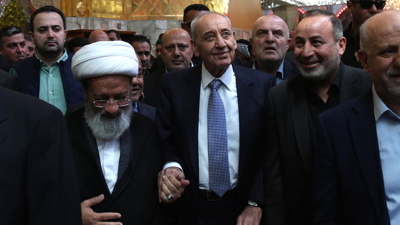AFP_1FB2CD Lebanese Parliament Speaker Nabih Berri (C) visits the shrine of Imam al-Abbas in the central Iraqi holy city of Karbala on April 2, 2019. (Photo by Mohammed SAWAF / AFP) (Photo credit should read MOHAMMED SAWAF/AFP/Getty Images)