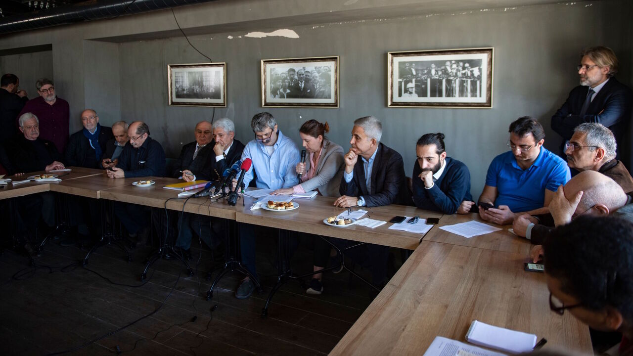 1138672498 Opposition journalists hold a press conference in Istanbul on April 22, 2019. - Opposition journalists, who were initially supposed to remain free given their time served as part of the Cumhuriyet case, will have to go back to prison after an appeals court upholds their convictions in February 2019. (Photo by Yasin AKGUL / AFP) (Photo credit should read YASIN AKGUL/AFP/Getty Images)