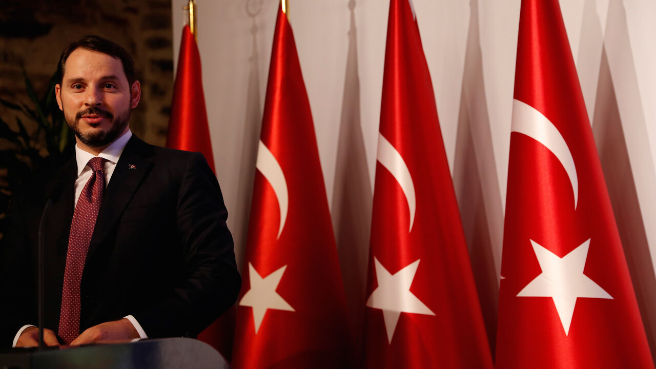 TURKEY-ECONOMY/PLAN Turkish Treasury and Finance Minister Berat Albayrak speaks during a presentation to announce his economic policy in Istanbul, Turkey August 10, 2018. REUTERS/Murad Sezer - RC1982EC7970