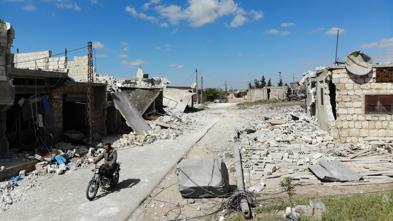 1142244383 A general view taken on May 8, 2019 shows the destruction in the village of Kansafrah following reported shelling on the rebel-held Idlib province on May 8, 2019. - Violence in the northwestern Syrian region of Idlib has displaced more than 150,000 people in the past week, the UN said, as the regime and Russia upped deadly bombardment of the jihadist bastion. (Photo by OMAR HAJ KADOUR / AFP) (Photo credit should read OMAR HAJ KADOUR/AFP/Getty Images)