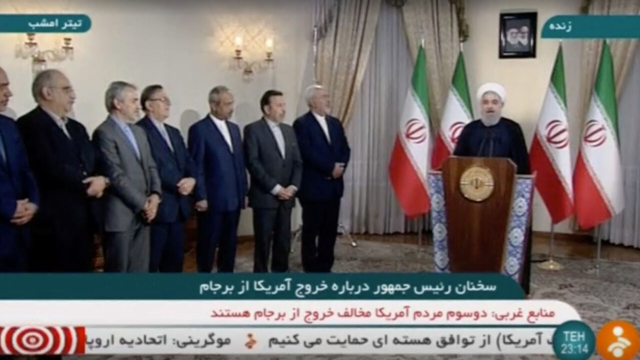 IRAN-NUCLEAR/ROUHANI Iran's President Hassan Rouhani speaks about the nuclear deal in Tehran, Iran May 8, 2018 in this still image taken from video. IRINN/Reuters TV via REUTERS ATTENTION EDITORS - THIS IMAGE WAS PROVIDED BY A THIRD PARTY. IRAN OUT. TV RESTRICTIONS: BROADCASTERS: No Use Iran. No Use BBC Persian. No Use Manoto. No Use VOA Persian. DIGITAL: No Use Iran. No Use BBC Persian. No Use Manoto. No Use VOA Persian. For Reuters customers only. - RC1F80659CA0