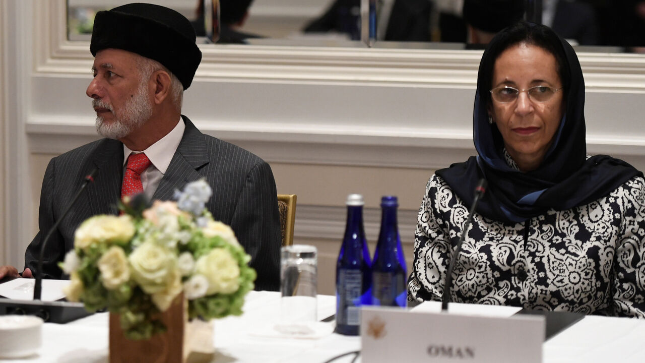 UN-ASSEMBLY/ Omani Foreign Minister Yusuf bin Alawi bin Abdullah listens, alongside Omani Ambassador to the U.S. Hunaina Sultan Al-Mughairy, as U.S. Secretary of State Mike Pompeo (not pictured) speaks while attending a Gulf Cooperation Council summit on the sidelines of the United Nations General Assembly in New York City, U.S. September 28, 2018. REUTERS/Darren Ornitz - RC128EDE5A50
