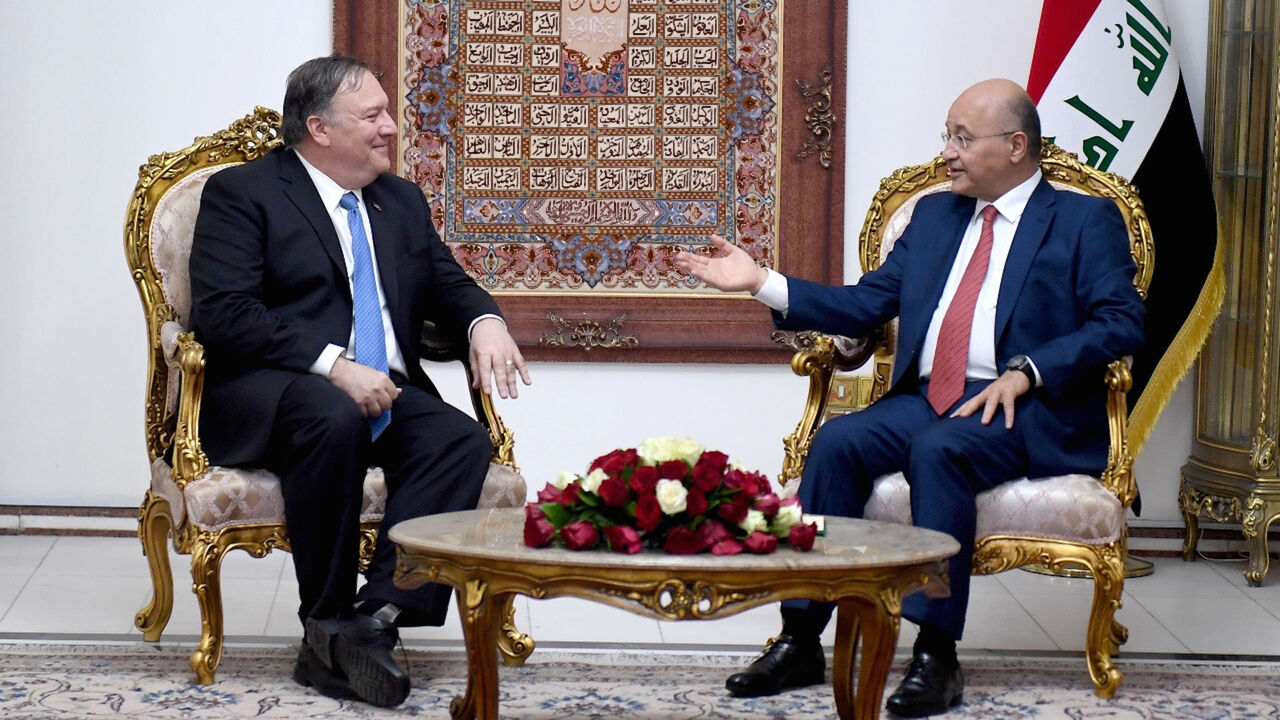 USA-IRAQ/POMPEO Iraq's President Barham Salih meets with U.S. Secretary of State Mike Pompeo in Baghdad, Iraq May 7, 2019.The Presidency of the Republic of Iraq Office/Handout via REUTERS ATTENTION EDITORS - THIS IMAGE WAS PROVIDED BY A THIRD PARTY. - RC16C5E30E00