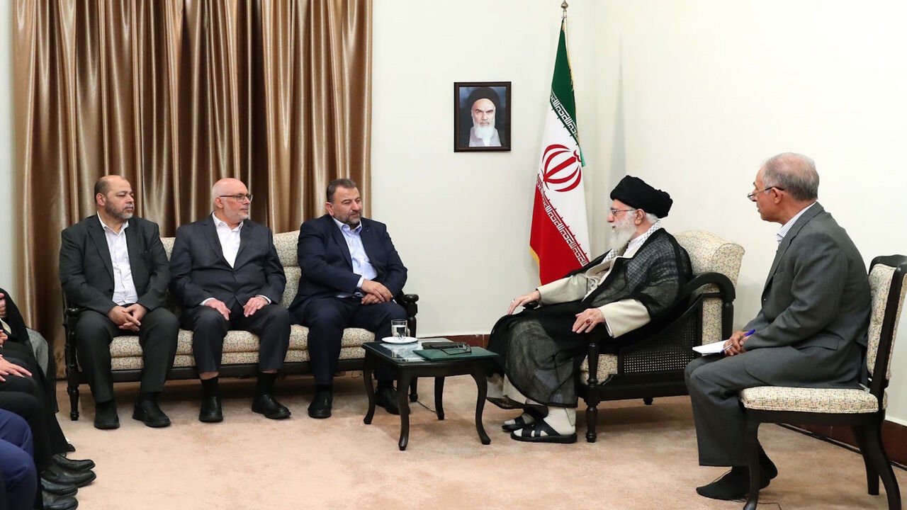 1157197542 TEHRAN, IRAN - JULY 22: (----EDITORIAL USE ONLY MANDATORY CREDIT - "IRANIAN SUPREME LEADER PRESS OFFICE / HANDOUT" - NO MARKETING NO ADVERTISING CAMPAIGNS - DISTRIBUTED AS A SERVICE TO CLIENTS----) Supreme Leader of Iran, Ali Khamenei (2nd R) meets Saleh al-Arouri (3rd R), deputy leader of Hamas, in Tehran, Iran on July 22, 2019. (Photo by IRANIAN SUPREME LEADER PRESS OFFICE / HANDOUT/Anadolu Agency via Getty Images)