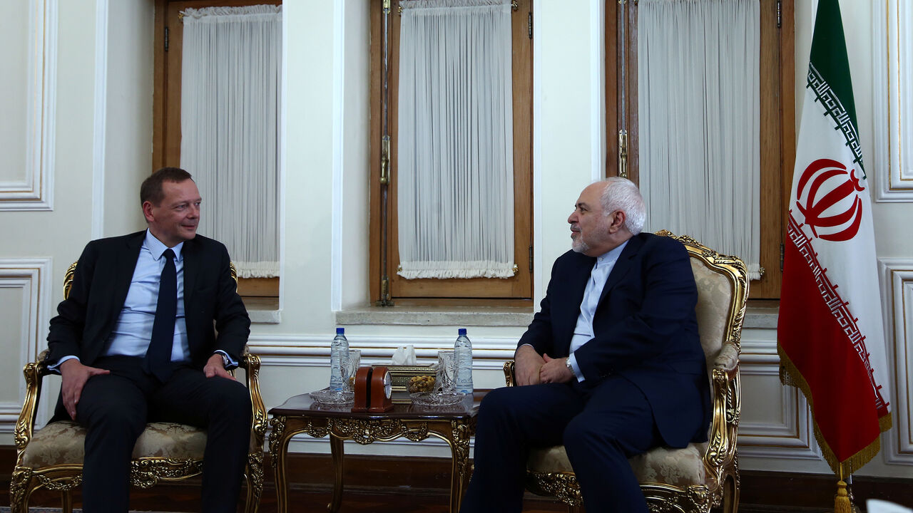 MIDEAST-IRAN/FRANCE France's top diplomat Emmanuel Bonne meets with Iran's Foreign Minister Mohammad Javad Zarif in Tehran, Iran July 10, 2019. Nazanin Tabatabaee/WANA (West Asia News Agency) via REUTERS. ATTENTION EDITORS - THIS IMAGE HAS BEEN SUPPLIED BY A THIRD PARTY. - RC12F4E624A0