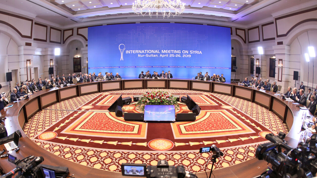 SYRIA-SECURITY/ASTANA-TALKS Officials attend a session of the peace talks on Syria in Nur-Sultan, Kazakhstan April 26, 2019. REUTERS/Mukhtar Kholdorbekov - RC1305474A80