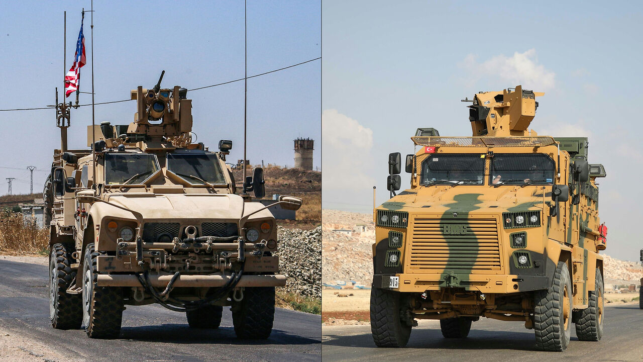 1160292022 (COMBO) This combination of pictures created on August 08, 2019, shows armoured vehicles of the US-led coalition driving in the town of Ras al-Ain in Syria's Hasakeh province near the Turkish border on July 28, 2019, and a convoy of Turkish armoured vehicles driving towards Bab al-Hawa crossing point between Syria and Turkey on a highway in the northern countryside of the Syrian province of Idlib on June 20, 2019. - A top Syrian Kurdish official gave a guarded welcome Thursday to a US-Turkish agreement to e