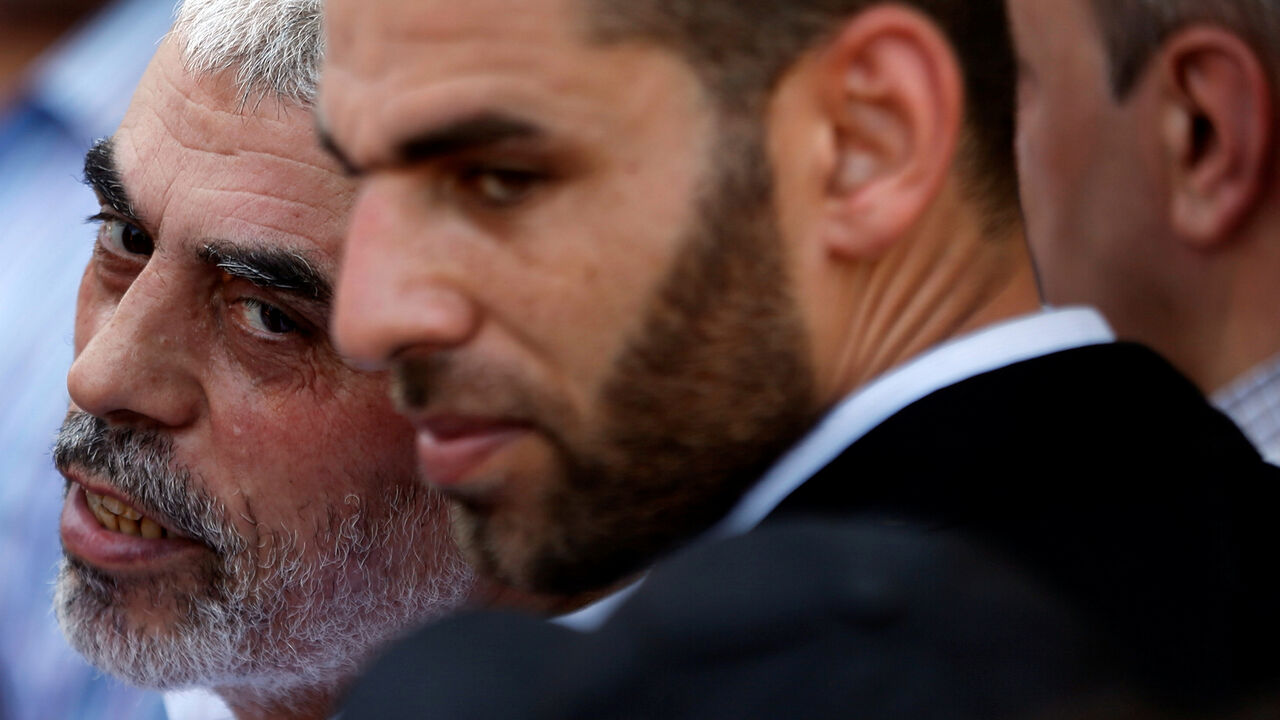ISRAEL-PALESTINIANS/PLAN-PROTESTS Hamas Gaza Chief Yehya Al-Sinwar looks on as he takes part in a protest against Bahrain's workshop for U.S. Middle East peace plan, in Gaza City, June 26, 2019. REUTERS/Mohammed Salem - RC1569D22400