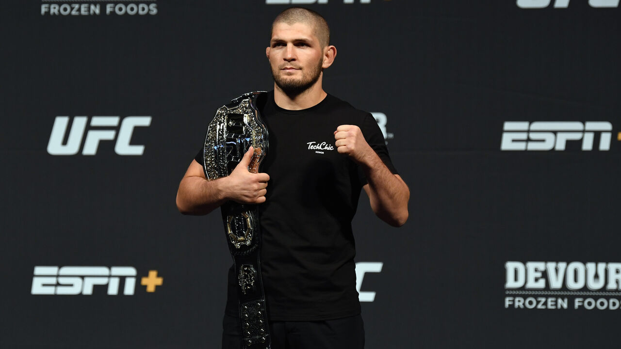 1154005373 LAS VEGAS, NEVADA - JULY 05: UFC lightweight champion Khabib Nurmagomedov poses for the media during the UFC seasonal press conference at T-Mobile Arena on July 5, 2019 in Las Vegas, Nevada. (Photo by Josh Hedges/Zuffa LLC/Zuffa LLC via Getty Images)