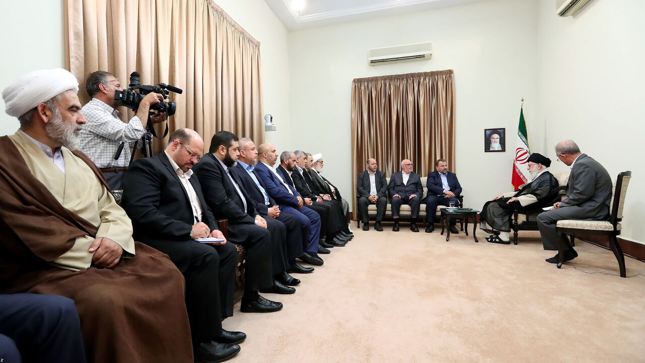 1157197546 TEHRAN, IRAN - JULY 22: (----EDITORIAL USE ONLY MANDATORY CREDIT - "IRANIAN SUPREME LEADER PRESS OFFICE / HANDOUT" - NO MARKETING NO ADVERTISING CAMPAIGNS - DISTRIBUTED AS A SERVICE TO CLIENTS----) Supreme Leader of Iran, Ali Khamenei (2nd R) meets Saleh al-Arouri (3rd R), deputy leader of Hamas, in Tehran, Iran on July 22, 2019. (Photo by IRANIAN SUPREME LEADER PRESS OFFICE / HANDOUT/Anadolu Agency via Getty Images)