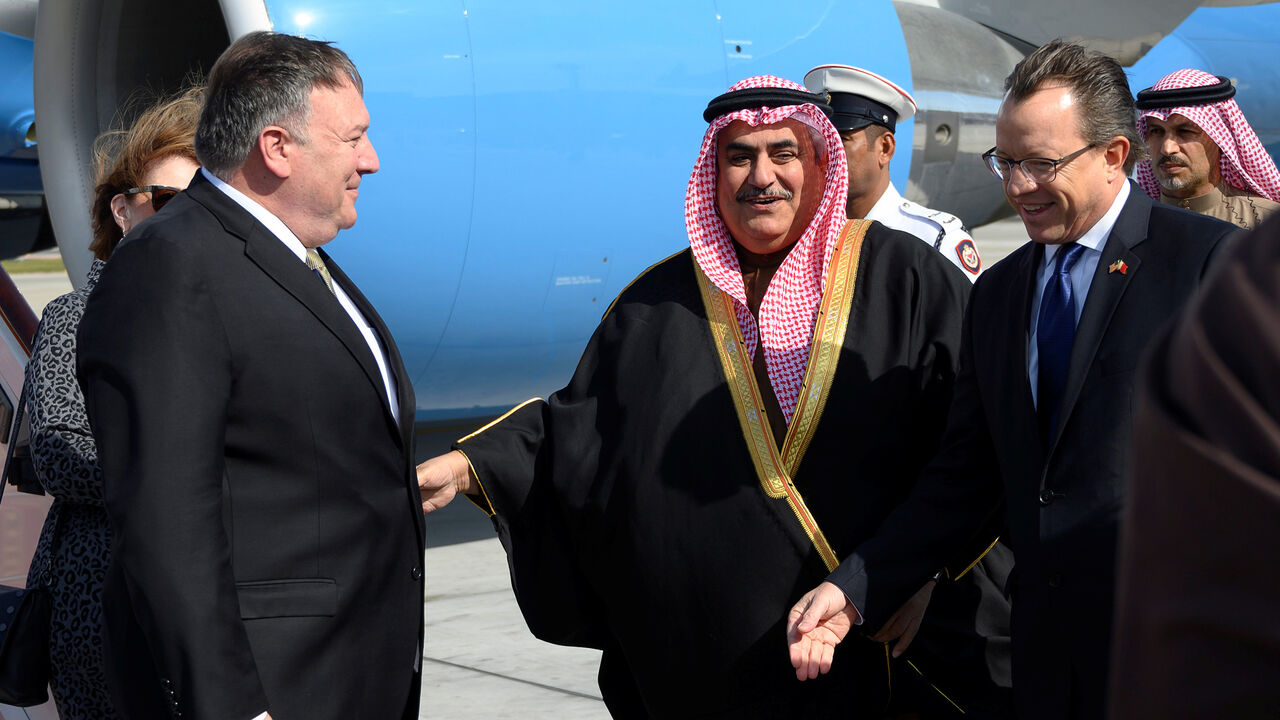 USA-POMPEO/BAHRAIN U.S. Secretary of State Mike Pompeo is greeted by Bahraini Foreign Minister Khalid bin Ahmed Al Khalifa after arriving at Manama International Airport in Manama, Bahrain, January 11, 2019. Andrew Caballero-Reynolds/Pool via REUTERS - RC18014FB370