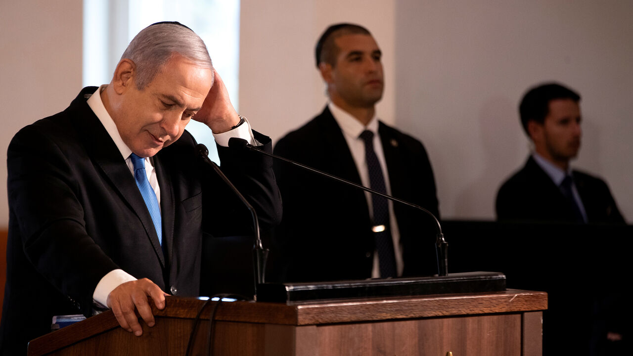 ISRAEL-POLITICS/ Israeli Prime Minister Benjamin Netanyahu speaks during a memorial ceremony held at the supreme court honouring former Supreme Court president Meir Shamgar who died on Saturday in Jerusalem October 22, 2019. REUTERS/Ronen Zvulun - RC11B6ED8B50