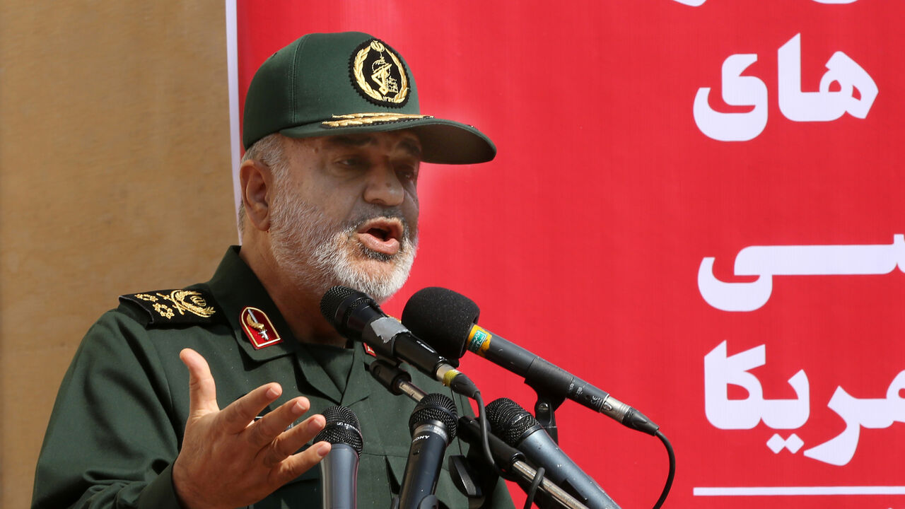 1179425887 Iranian Revolutionary Guards commander Major General Hossein Salami speaks at the podium during an inaugural ceremony unveiling the new murals painted on the walls of the former US embassy in the capital Tehran on November 2, 2019. (Photo by ATTA KENARE / AFP) (Photo by ATTA KENARE/AFP via Getty Images)