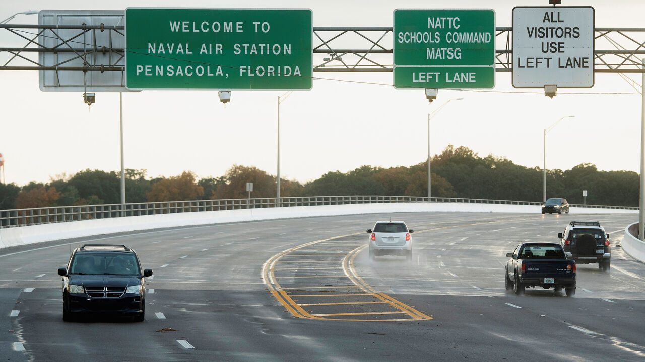 FLORIDA-SHOOTING/ Traffic on and off base is restricted after a member of the Saudi Air Force visiting the United States for military training was the suspect in a shooting at Naval Air Station Pensacola, in Pensacola, Florida, U.S. December 6, 2019. REUTERS/Michael Spooneybarger - RC2ZPD90RRD7