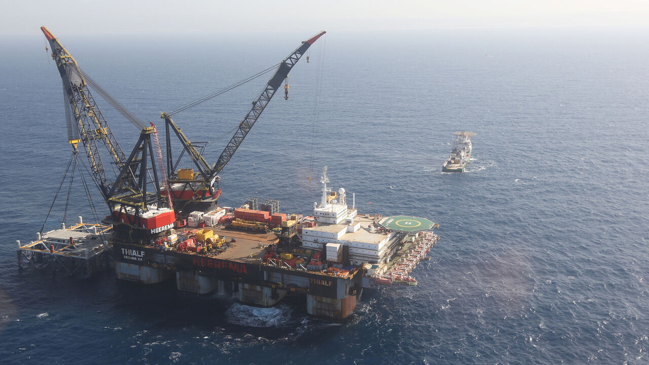 ISRAEL-ENERGY/NETANYAHU An aerial view shows the newly arrived foundation platform of Leviathan natural gas field, in the Mediterranean Sea, off the coast of Haifa, Israel January 31, 2019. Marc Israel Sellem/Pool via REUTERS - RC19D6F07760