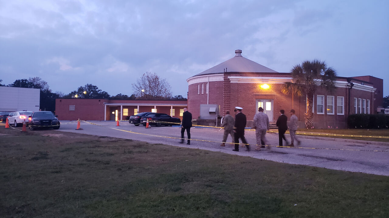 FLORIDA-SHOOTING/ Saudi Arabia Defense Attache Major General Fawaz Al Fawaz and his Embassy staff and other officials arrive to meet with the Saudi students who remain restricted to the Naval Air Station (NAS) Pensacola base by their Saudi commanding officer, in Pensacola, Florida, U.S. December 9, 2019. Picture taken December 9, 2019. FBI Jacksonville/Handout via REUTERS THIS IMAGE HAS BEEN SUPPLIED BY A THIRD PARTY. - RC2ISD9IDSIC