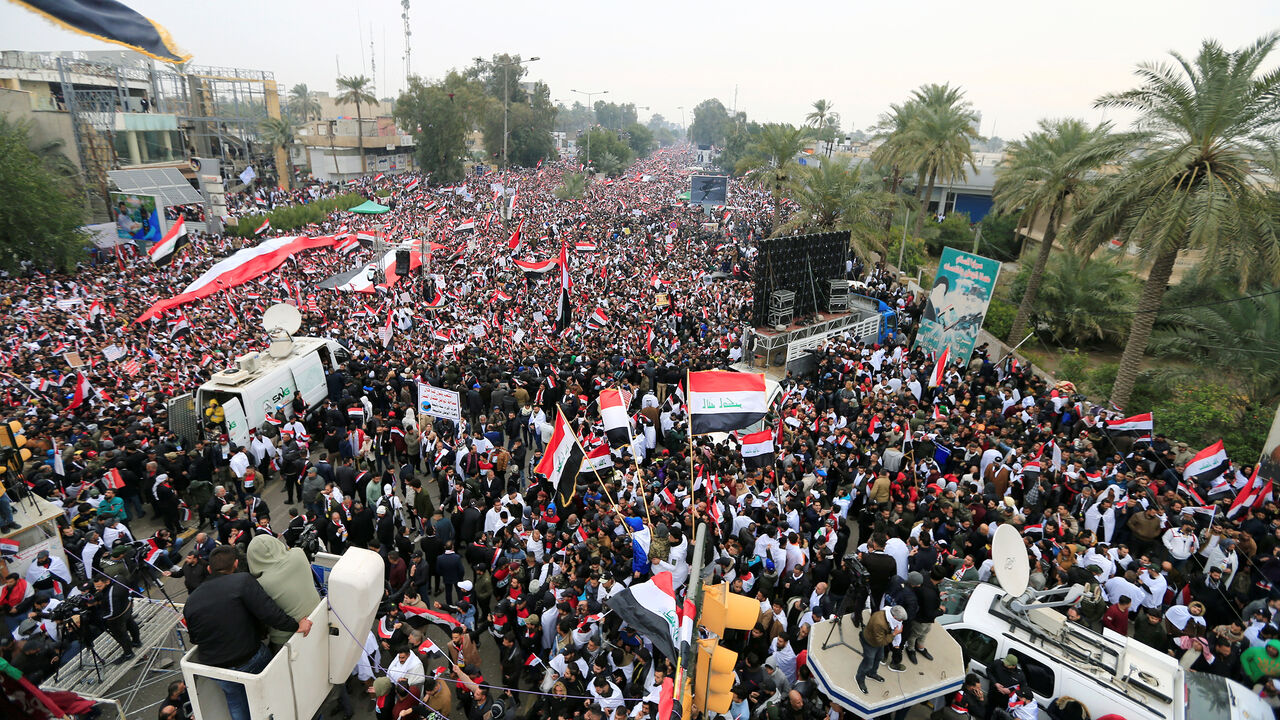 IRAQ-SECURITY/SADR Supporters of Iraqi Shi'ite cleric Moqtada al-Sadr protest against what they say is U.S. presence and violations in Iraq, during a demonstration in Baghdad, Iraq January 24, 2020. REUTERS/Thaier al-Sudani - RC28ME988GRG
