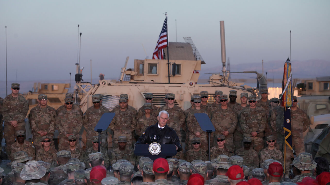 USA-IRAQ/PENCE U.S. Vice President Mike Pence delivers remarks to U.S. troops at a U.S. military facility at Erbil International Airport in Erbil, Iraq November 23, 2019. REUTERS/Jonathan Ernst TPX IMAGES OF THE DAY - RC22HD9OIH8O