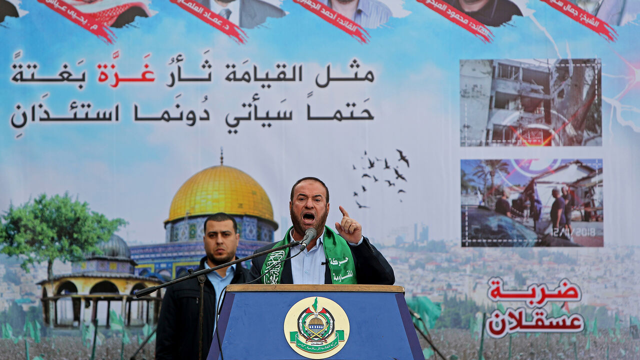 ISRAEL-PALESTINIANS/HAMAS Senior Hamas leader Fathi Hammad speaks during a rally marking the 32nd anniversary of Hamas founding, in the northern Gaza Strip December 13, 2019. REUTERS/Mohammed Salem - RC2CUD9KU5TZ