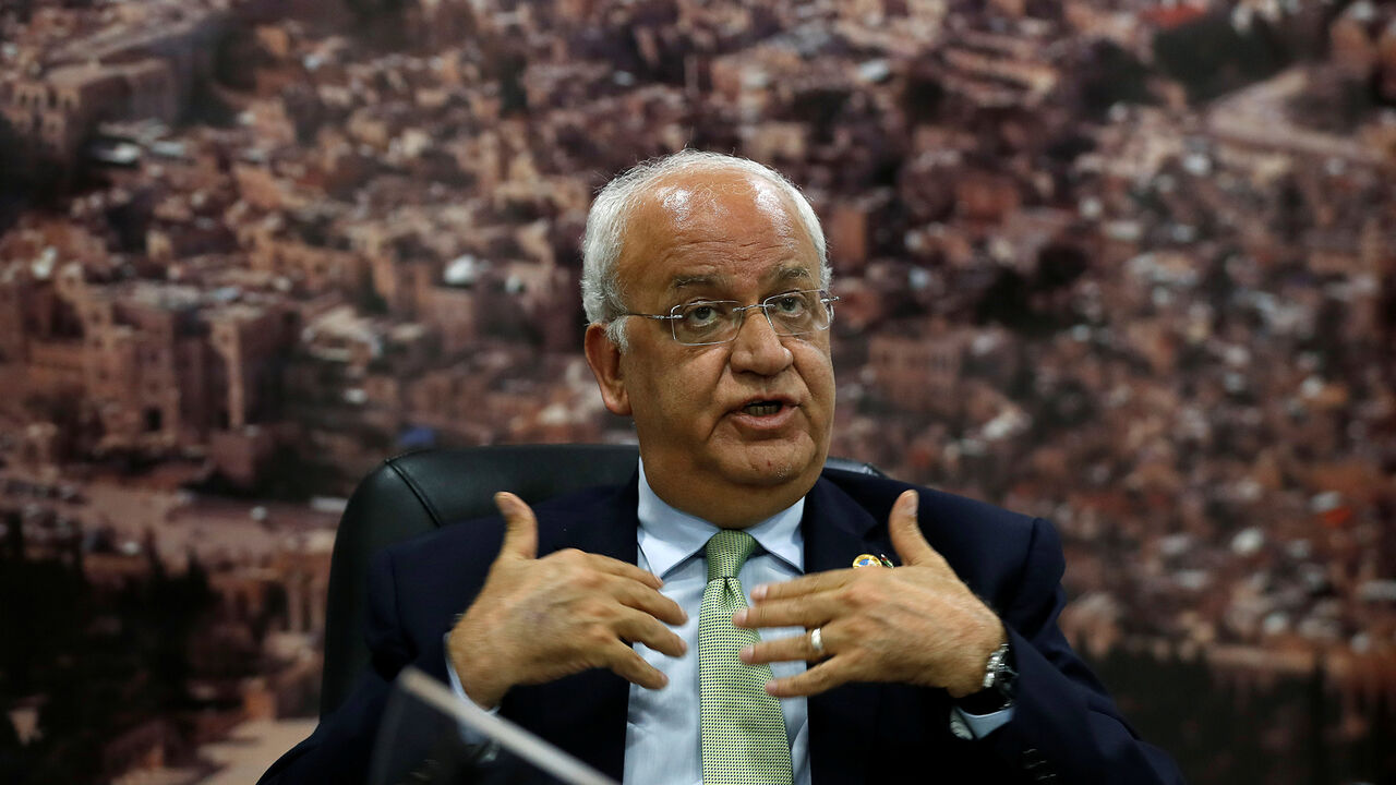 ISRAEL-PALESTINIANS/PLAN Chief Palestinian Negotiator Saeb Erekat gestures as he speaks to the media in Ramallah, in the Israeli-occupied West Bank July 1, 2019. Picture taken July 1, 2019. REUTERS/Mohamad Torokman - RC18AC22D710
