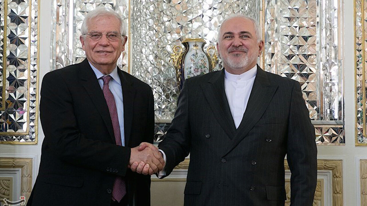 IRAN-NUCLEAR/EU Iranian Foreign Minister Javad Zarif shakes hands with High Representative of the EU for Foreign Affairs and Security Policy and Vice-President of European Commission Josep Borrell in Tehran, Iran, February 3, 2020. Tasnim News Agency/Handout via REUTERS ATTENTION EDITORS - THIS IMAGE WAS PROVIDED BY A THIRD PARTY - RC23TE9Q0VI8