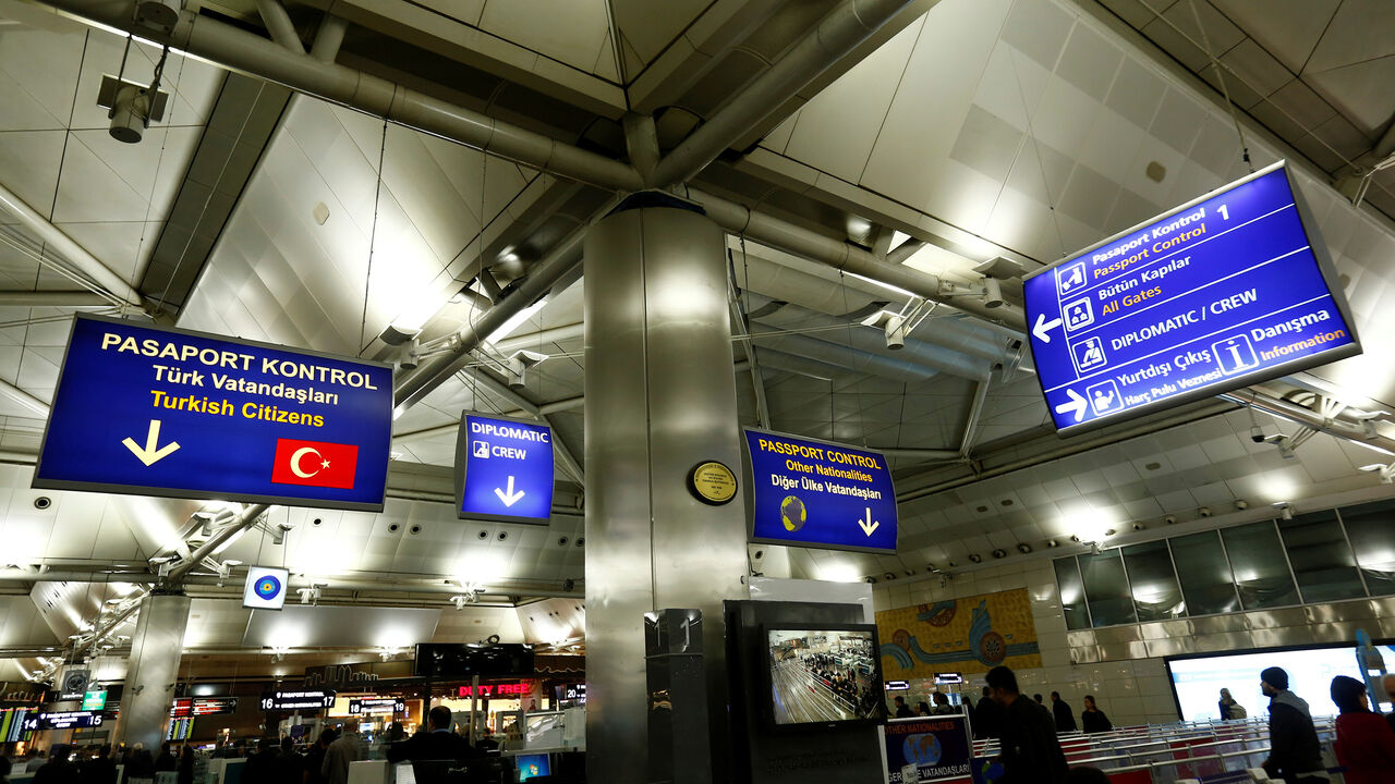 GLOBAL-AIRLINES/ Passport control signs are pictured at the international departure terminal of Ataturk airport in Istanbul, Turkey, January 8, 2018. REUTERS/Murad Sezer - RC1F36DCFD80