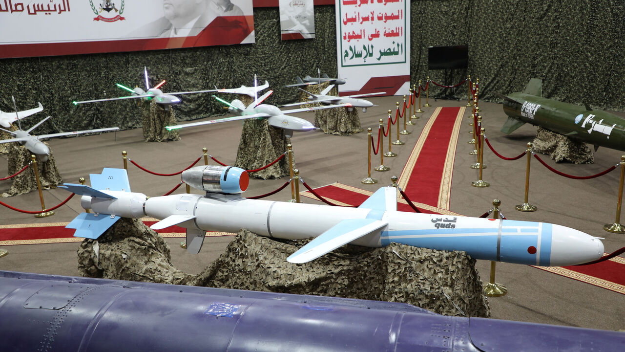 SAUDI-ARAMCO/HOUTHIS Missiles and drone aircraft are seen on display at an exhibition at an unidentified location in Yemen in this undated handout photo released by the Houthi Media Office on September 17, 2019. Houthi Media Office/Handout via REUTERS. ATTENTION EDITORS - THIS IMAGE HAS BEEN SUPPLIED BY A THIRD PARTY. - RC167A191840