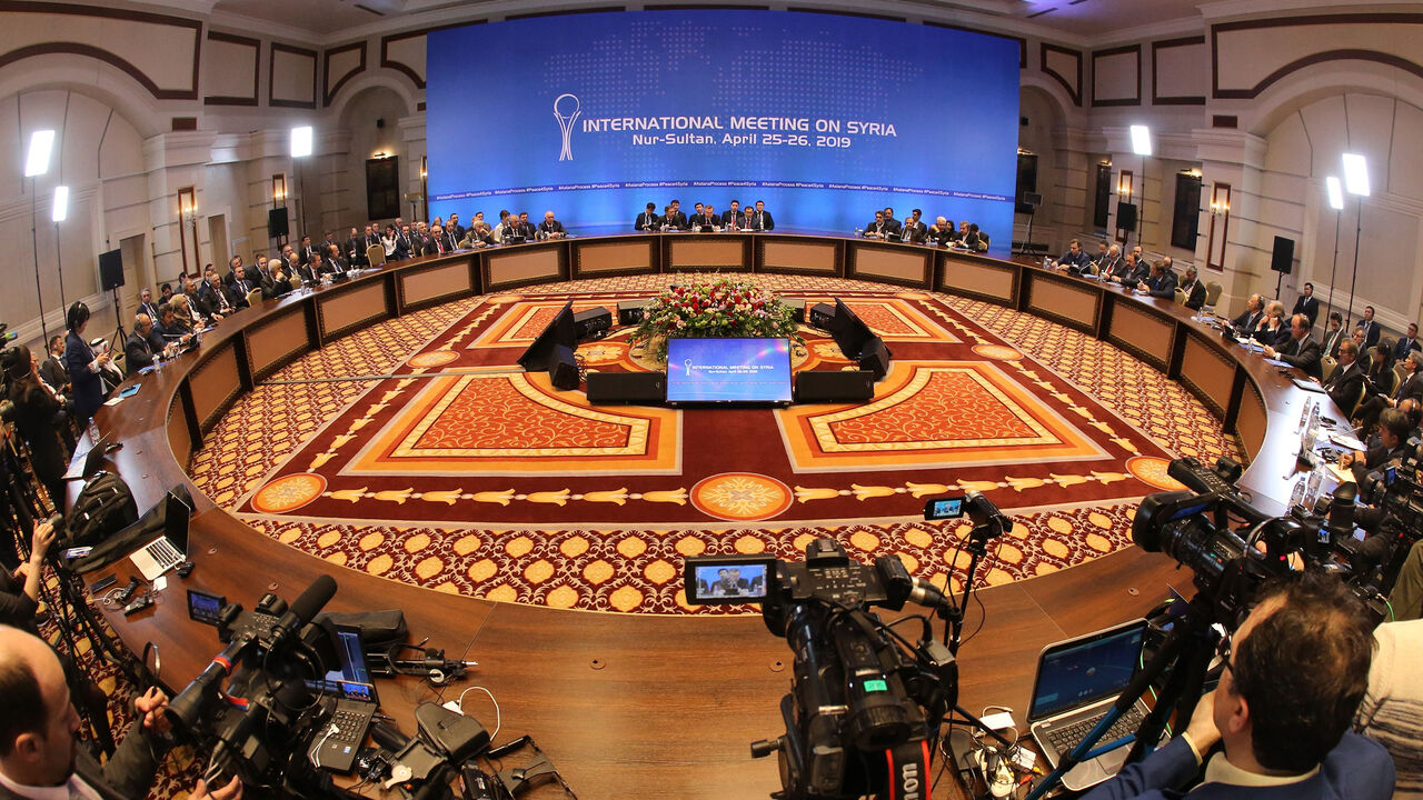 1139465384 A picture taken on April 26, 2019 shows a general view of the hall where the Syrian constitutional committee takes place in Nur-Sultan, Kazakhstan. - Two-day talks on Syria backed by Iran, Russia and Turkey concluded in Kazakhstan on April 26, 2019 without notable progress on forming a constitutional committee to drive a political settlement in the war-wracked country. (Photo by Alexey FILIPPOV / AFP) (Photo credit should read ALEXEY FILIPPOV/AFP via Getty Images)