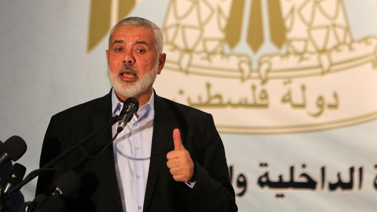 1165651577 Palestinian Hamas chief in the Gaza strip Ismail Haniyeh, gives a speech during a memorial service Three Hamas policemen were killed after two suicide bombings, on September 2, 2019 in Gaza City.
(Photo by Majdi Fathi/NurPhoto via Getty Images)