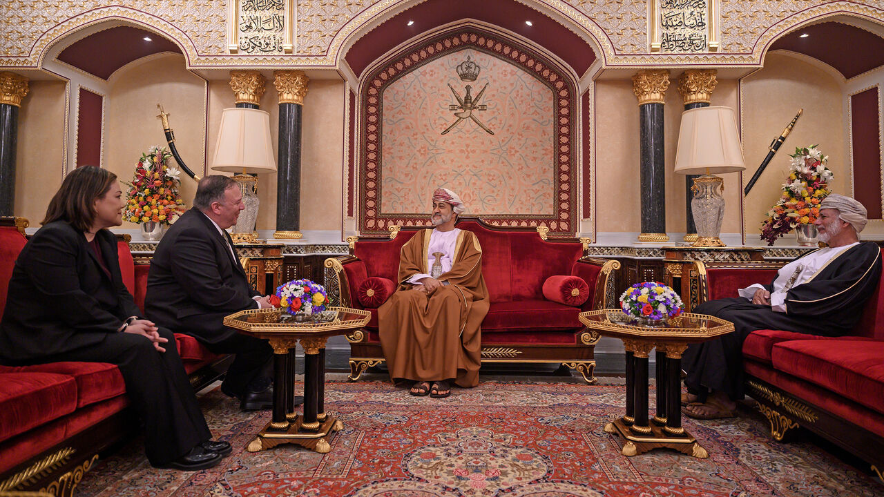 USA-POMPEO/OMAN U.S. Secretary of State?Mike?Pompeo meets with Oman's Sultan Haitham bin Tariq at al-Alam palace in Muscat, Oman on February 21, 2020. Andrew Caballero-Reynolds/Pool via REUTERS - RC225F97S5EO