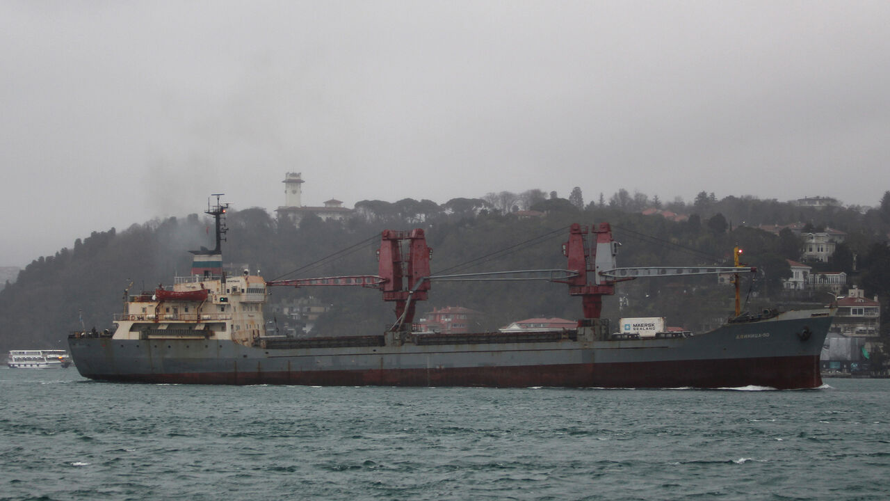 HEALTH-CORONAVIRUS/RUSSIA-SYRIA The Russian Navy cargo ship Dvinitsa-50 sails in the Bosphorus, on its way to the Mediterranean Sea, in Istanbul, Turkey, March 24, 2020. REUTERS/Yoruk Isik - RC2HQF9QB951