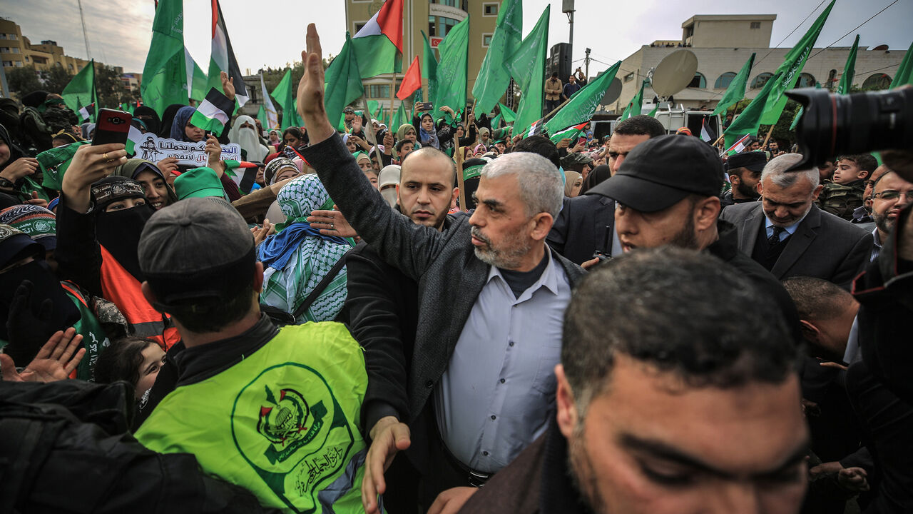 1074096908 GAZA CITY, GAZA - DECEMBER 16: Yahya Sinwar, the leader of Hamas in Gaza, attends the event marking the 31st anniversary of the establishment of Hamas at Al Katiba Square in Gaza City, Gaza on December 16, 2018. (Photo by Ali Jadallah/Anadolu Agency/Getty Images)