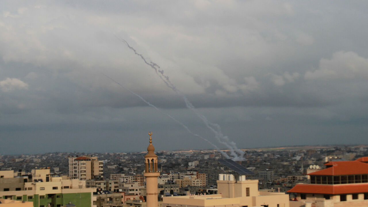 1203059026 GAZA, Feb. 24, 2020 -- Militants in the Gaza Strip fire rockets to Israeli cities on Feb. 24, 2020. Israeli war jets on Monday struck posts that belong to Palestinian militant group in Gaza Strip for the second day in a row, according to Palestinian security sources. Israeli army said in a press statement that it has began targeting Islamic Jihad posts in Gaza. (Photo by Xinhua/ via Getty Images)