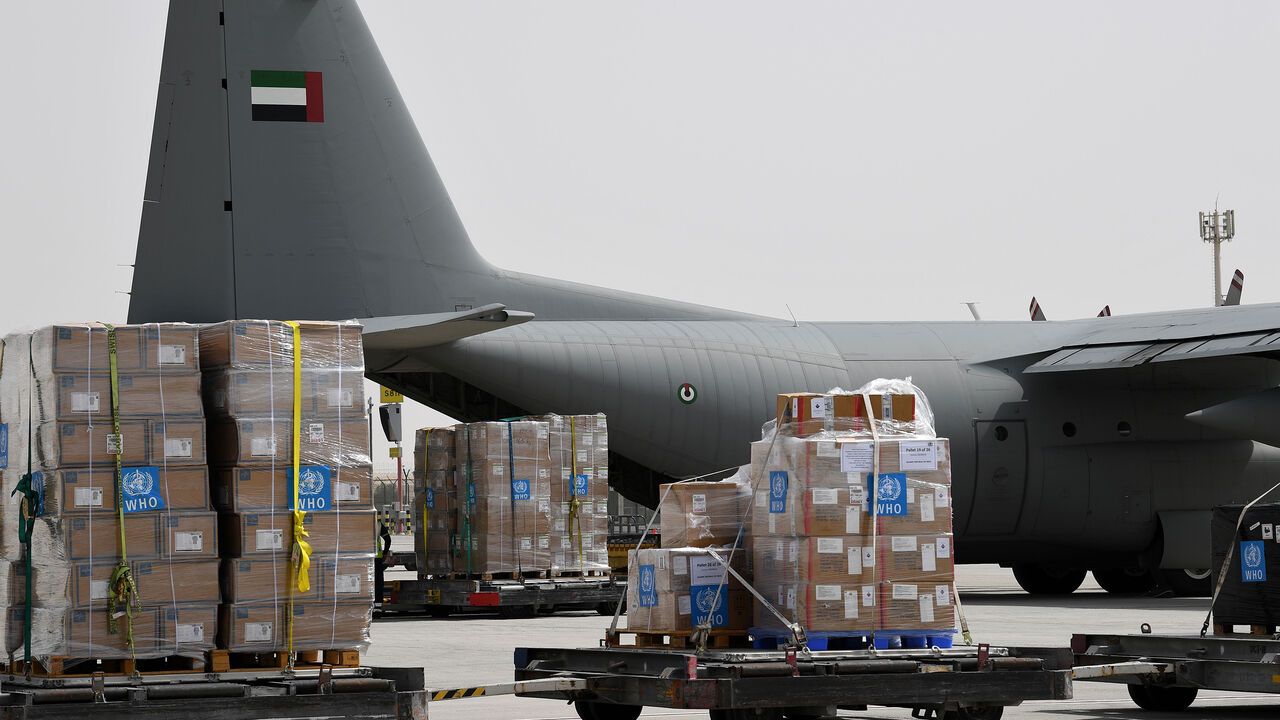1204606754 Tonnes of medical equipment and coronavirus testing kits provided bt the World Health Organisation are pictured at the al-Maktum International airport in Dubai on March 2, 2020 as it is prepared to be delivered to Iran with a United Arab Emirates military transport plane. (Photo by KARIM SAHIB / AFP) (Photo by KARIM SAHIB/AFP via Getty Images)