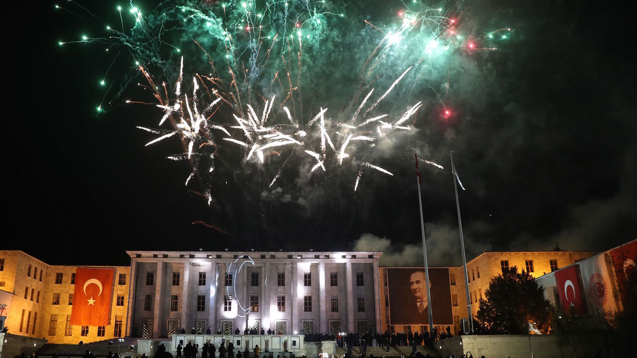 1210839657 Fireworks are seen over Turkish Grand National Assembly building as part of the National Sovereignty and Children's Day, 100th anniversary of foundation of Turkish parliament, on April 23, 2020 in Ankara,Turkey, during the national lockdown aimed at curbing the spread of the COVID-19 disease, caused by the novel coronavirus. (Photo by Adem ALTAN / AFP) (Photo by ADEM ALTAN/AFP via Getty Images)