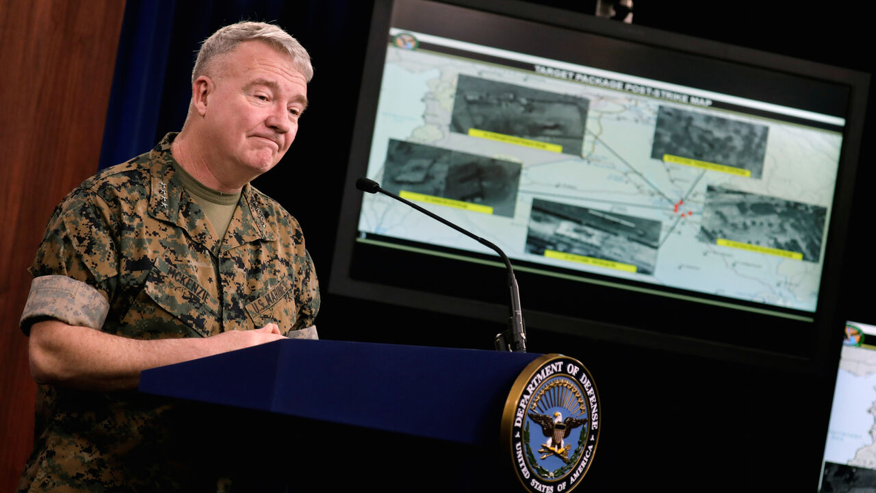 IRAQ-SECURITY/USA-IRAN U.S. Marine Corps Gen. Kenneth McKenzie Jr., commander of U.S. Central Command (CENTCOM), briefs the media on the status of operations in the CENTCOM area of responsibility in the wake of the attacks; during a briefing at Pentagon in Arlington, Virginia, U.S., March 13, 2020. President Donald Trump authorizes U.S. military to respond to rocket attack by Iran-backed militia in Iraq that killed two American troops and British service member. REUTERS/Yuri Gripas - RC21JF9L5O31
