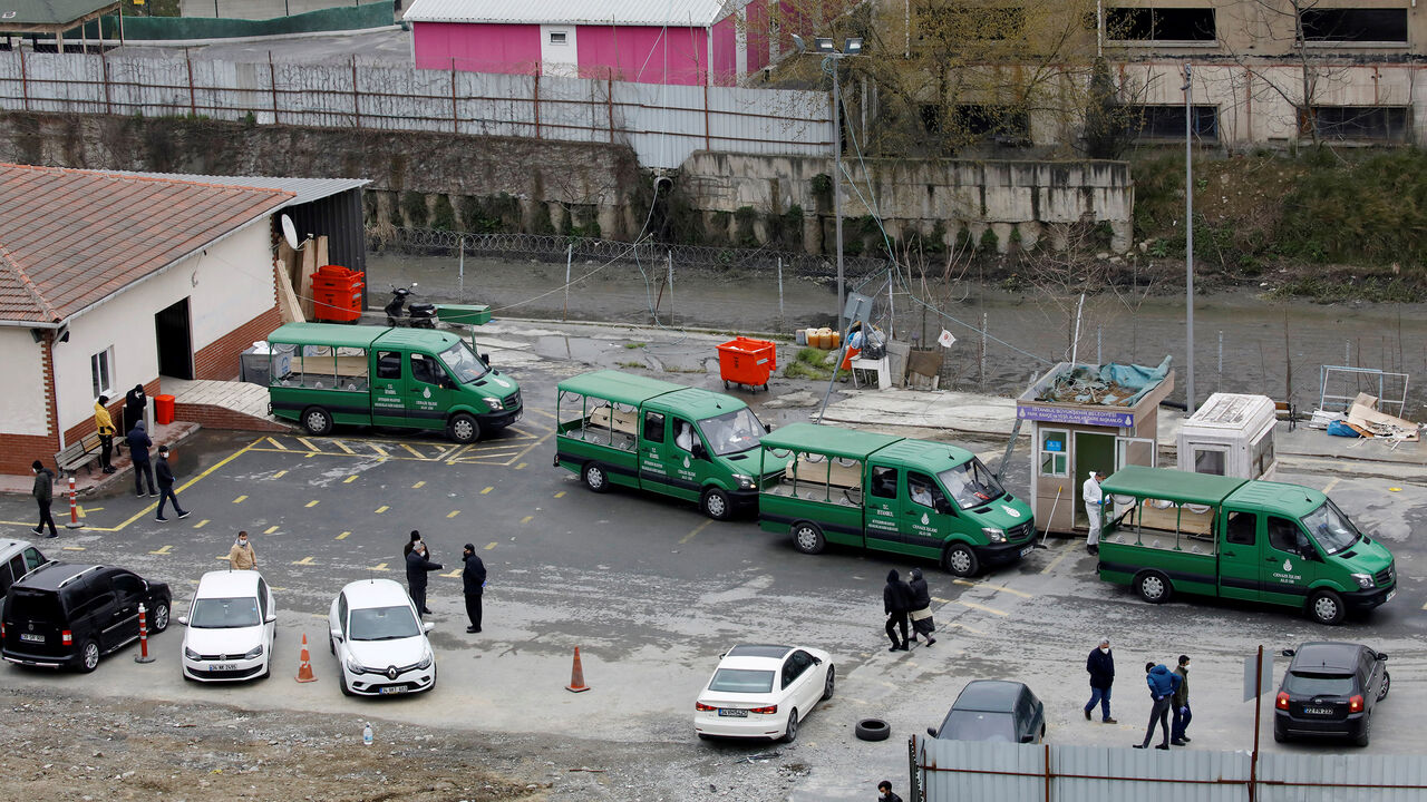 HEALTH-CORONAVIRUS/TURKEY Funeral vehicles stand in front of a morgue to carry coffins of coronavirus disease (COVID-19) victims to cemeteries in Istanbul, Turkey March 31, 2020. REUTERS/Umit Bektas TPX IMAGES OF THE DAY - RC2ZUF99ETHB