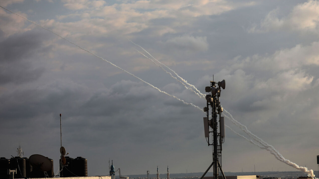 1203034943 GAZA, Feb. 24, 2020 -- Militants in the Gaza Strip fire rockets to Israeli cities on Feb. 24, 2020. Israeli war jets on Monday struck posts that belong to Palestinian militant group in Gaza Strip for the second day in a row, according to Palestinian security sources. Israeli army said in a press statement that it has began targeting Islamic Jihad posts in Gaza. (Photo by Yasser Qudih/Xinhua via Getty)