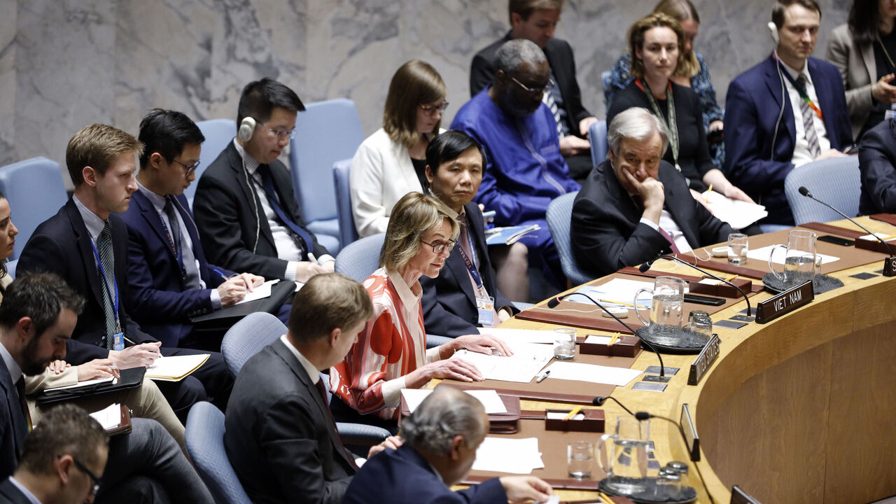 1204559487 UNITED NATIONS, Feb. 29, 2020. Kelly Craft ,C, front, U.S. permanent representative to the United Nations, addresses a Security Council meeting on the situation in Syria, at the UN headquarters in New York, Feb. 28, 2020. United Nations Secretary-General Antonio Guterres on Friday warned that the Syrian conflict has changed in its nature, calling on parties concerned to heed the risk that the military escalation in northwest Syria might run out of control. (Photo by Li Muzi/Xinhua via Getty)