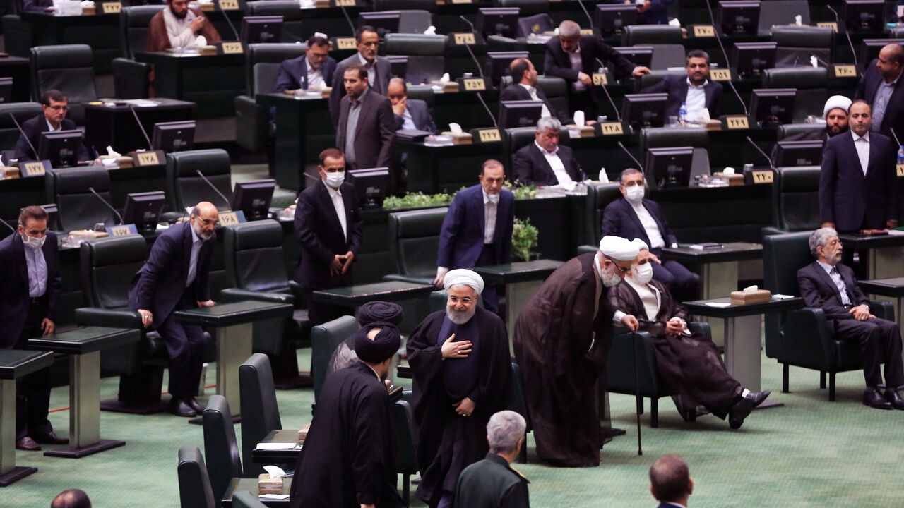 1215441134 TEHRAN, IRAN - MAY 27: President of Iran Hassan Rouhani attends the first official session of 11th round of the Iranian parliament after its opening ceremony in Tehran, Iran on May 27, 2020. (Photo by Fatemeh Bahrami/Anadolu Agency via Getty Images)