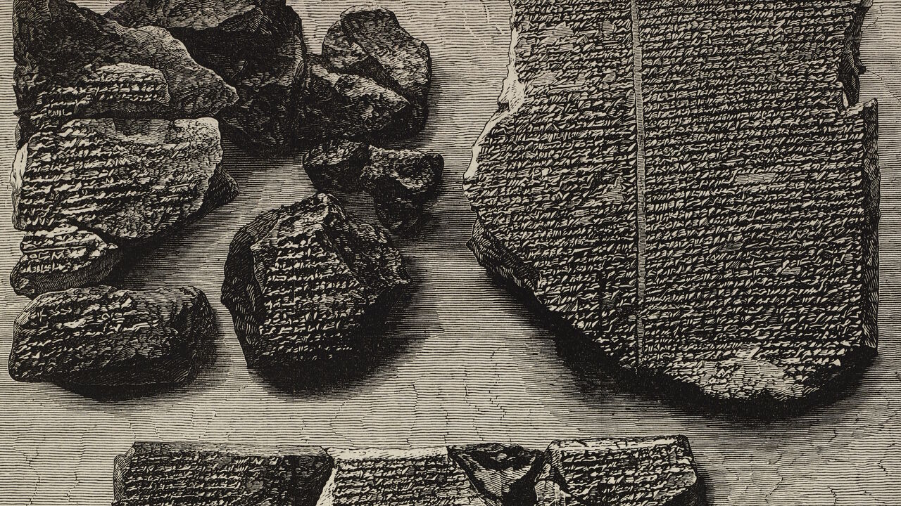 933470316 Inscribed stone, giving an account of the Great Flood, Epic of Gilgamesh tablet, from Nineveh, illustration from the magazine The Illustrated London News, volume LXIII, November 15, 1873.